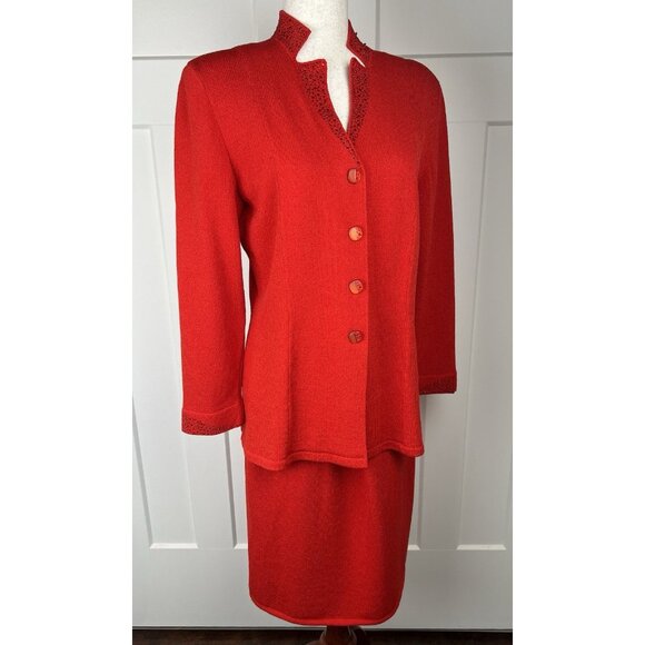 Vintage Toula Red Crystal Knit Skirt Suit Evening Jacket Set Size 12 Elegant - Picture 12 of 14